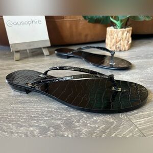Lauren Ralph Lauren Black Croc-Embossed Flip Flops with Metal Logo Plates Size 8